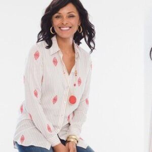 Chico's Striped Button Down Blouse with Red Embroidery - size 1 (medium)